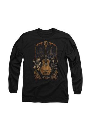 Schwarzes Langarmshirt mit einem bunten Gitarrenmotiv, das Skelettfiguren, dekorative Elemente und ein detailliertes Bordürenmuster zeigt.