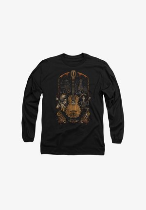 Black long-sleeve shirt featuring a colorful guitar graphic with skeleton characters, decorative elements, and a detailed border design.