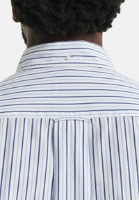 Gestreiftes Hemd mit vertikalen blauen und weißen Streifen, Button-Down-Kragen und Rückenfalte für zusätzlichen Stil. Hergestellt aus weichem Stoff.