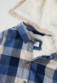 Geruite shirt in tinten van blauw en beige, met een zachte crème fleece voering, knoopsluiting en klassiek kraagontwerp.