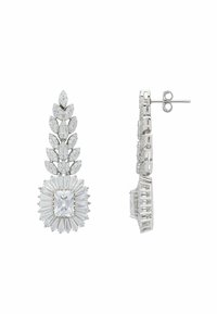 Silver-tone earrings featuring an array of clear, rectangular and marquise-cut stones, with a floral design and textured surface.