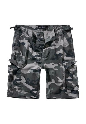 Camo Cargo-Shorts in Grau- und Grüntönen, mit Knopfverschluss, Seitentaschen und verstellbarem Bund. Hergestellt aus leichtem Stoff.