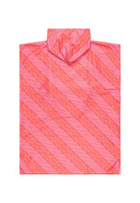 Red patterned pullover with a hood, featuring diagonal lines and heart shapes in lighter pink. Smooth texture and casual design.