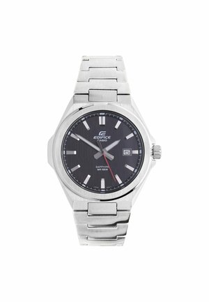 Montre-bracelet Casio Edifice argentée avec cadran noir, index argentés, guichet de date à 3 heures et bracelet à maillons en acier inoxydable.
