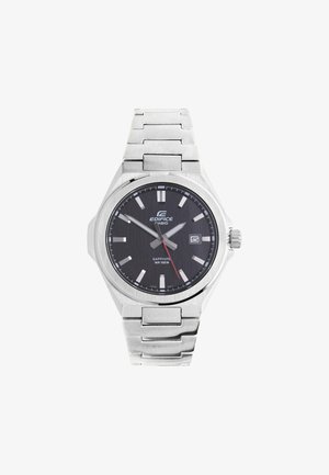 Silver Casio Edifice wristwatch with black dial, silver hour markers, date window at 3 o’clock, and stainless steel link bracelet.