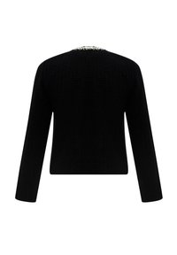 Veste noire texturée à manches longues avec une longueur légèrement raccourcie et un col rond, vue de dos sur fond blanc.