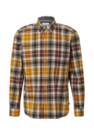 Hemd mit Knopfleiste, das ein kariertes Muster in Gelb, Braun und Schwarz aufweist, mit klassischem Kragen und langen Ärmeln. Enthält eine Brusttasche.