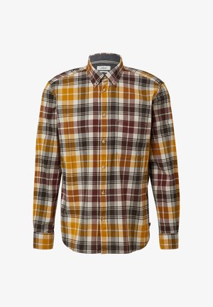 Hemd mit Knopfleiste, das ein kariertes Muster in Gelb, Braun und Schwarz aufweist, mit klassischem Kragen und langen Ärmeln. Enthält eine Brusttasche.