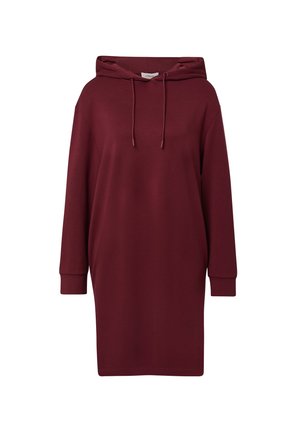 Vestido sudadera oversized burdeos hecho de tejido suave. Cuenta con capucha con cordón y mangas largas con puños ajustados. Diseño simple, sin patrones.