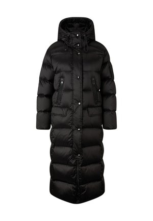 Black puffer coat, knee-length with a hood. Features zippered pockets, snap buttons, and a quilted design with a shiny texture.