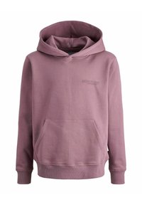 Hoodie od mekog, mauve materijala s prednjim džepom i rebrastim manžetama. Sadrži suptilan logo na prsima. Klasičan pulover dizajn.