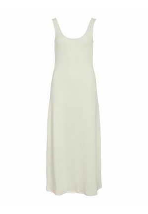 Lang, ærmeløs kjole i blødt hvidt stof. Har en rund halsudskæring og en afslappet silhuet med en glat, udekoreret tekstur.