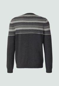 Pull noir à manches longues avec un motif en blanc et gris sur le haut des épaules et le haut du dos.