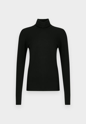 Mustast pikast varrukast turtleneck topist, mis on valmistatud pehmest ja venivast kangast, sobiva kujundusega ja kõrge kaelusega. Sile tekstuur, ilma mustrite või aktsentideta.