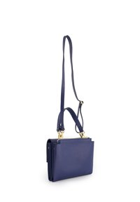 Navy blue leather handbag with a textured surface, zip closure, and gold-tone hardware. Features an adjustable strap for crossbody wear.