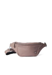 Marsupio in pelle rosa chiaro con scomparto principale con zip, cinturino regolabile e dettaglio del logo. Texture liscia e design compatto.