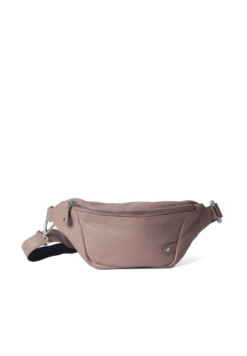 Marsupio in pelle rosa chiaro con scomparto principale con zip, cinturino regolabile e dettaglio del logo. Texture liscia e design compatto.