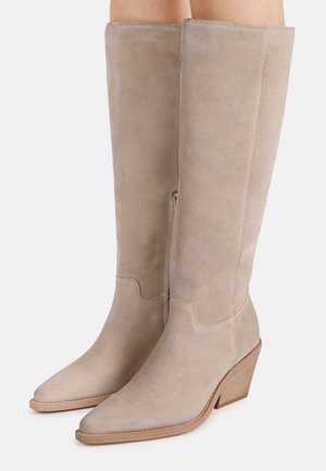 Hoge beige suède laarzen met puntige neuzen en gestapelde houten blokhakken, gedragen aan benen tegen een witte achtergrond.