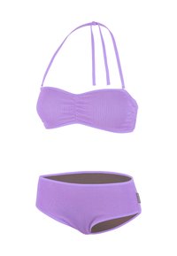 Paarse tweedelige bikini set met een gestructureerde bandeau top met verstelbare strikbandjes en een high-waisted broekje met contrasterende voering aan de binnenkant.