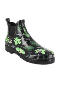 Zwarte rubberen enkellaars met een botanische print van groene kruiden en specerijen, voorzien van elastische zijpanelen en een gestructureerde zwarte zool.