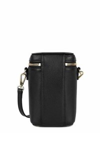 Borsa a tracolla in pelle nera con superficie texture, cerniere dorate e tracolla removibile. Forma cilindrica con base piatta.