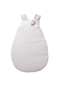 Grau-weiß gestreifter Babyschlafsack mit geknöpften Schulterträgern und Applikationen von Mond und Sternen auf der Vorderseite.