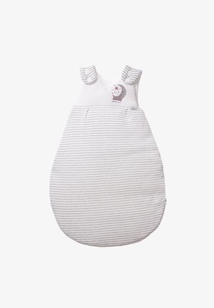 Grau-weiß gestreifter Babyschlafsack mit geknöpften Schulterträgern und Applikationen von Mond und Sternen auf der Vorderseite.