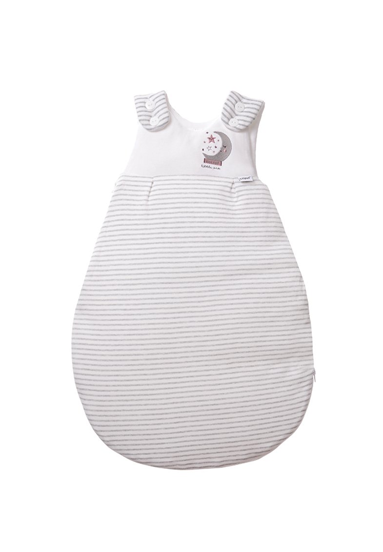 Grau-weiß gestreifter Babyschlafsack mit geknöpften Schulterträgern und Applikationen von Mond und Sternen auf der Vorderseite.