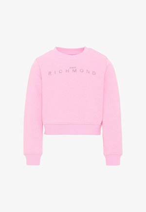 Roze cropped sweatshirt met lange mouwen met geribde manchetten en zoom, met de tekst "John Richmond" in kleine metalen studs op de borst.
