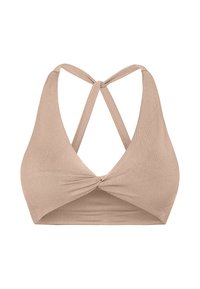 Bralette beige de tirantes cruzados, hecho de una tela suave y elástica, con un detalle de nudo retorcido en la parte delantera y una textura suave.