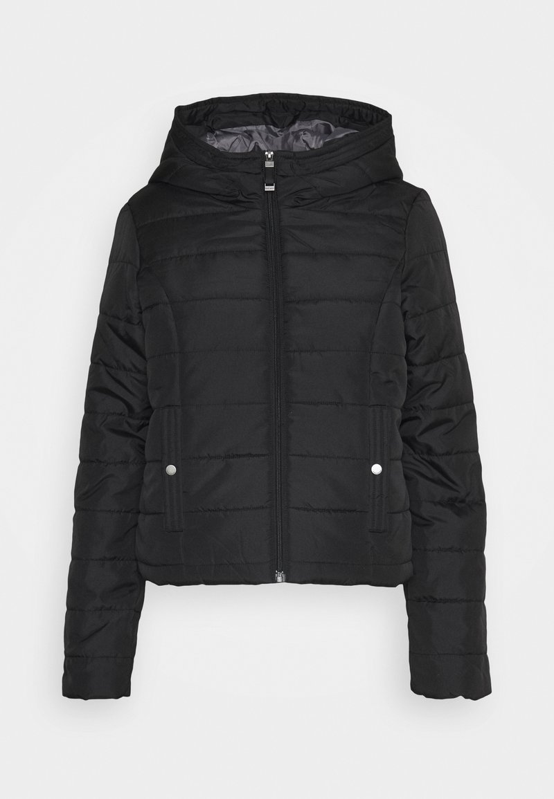 Veste matelassée noire avec capuche, fermeture éclair frontale, manches longues et deux poches avant à boutons-pression.