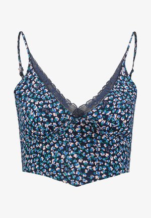Top corto azul marino con estampado floral en rosa y verde, ribete de encaje a lo largo del escote en V, tirantes finos ajustables y un detalle de nudo frontal.