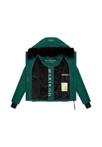 Green padded jacket with a faux fur hood trim, featuring a black lining, zippered pocket, and branded interior label.