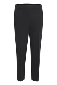 Crne krojene hlače uskog kroja, s petljama za remen i blago suženim nogavicama.