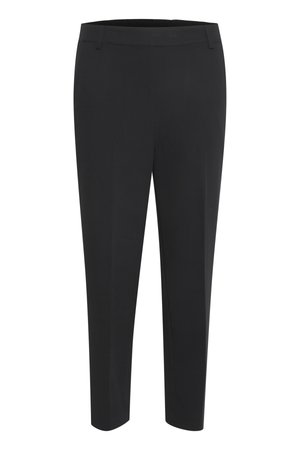 Black tailored trousers with slim fit, belt loops, and a slightly tapered leg.