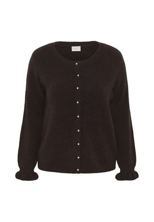 Donkerbruin fuzzy gebreid cardigan met parelknoopjes aan de voorkant en licht gerimpelde manchetten op de lange mouwen.