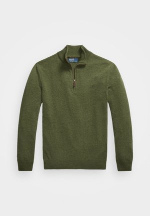 Olive green long-sleeve quarter-zip sweater with ribbed collar and cuffs, featuring a small embroidered logo on the chest and Polo label inside collar.