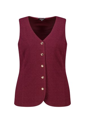 Bordeauxkleurig mouwloos vest met een V-hals, textuurstof en zes gouden knopen aan de voorkant om te sluiten.