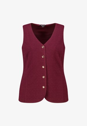 Veste sans manches bordeaux avec un décolleté en V, un tissu texturé et six boutons dorés sur le devant pour la fermeture.
