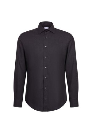 Schwarzes Langarmhemd mit spitzem Kragen, durchgehender Knopfleiste und glatter Textur. Verfügt über einen abgerundeten Saum und verdeckte Knopfdetails.