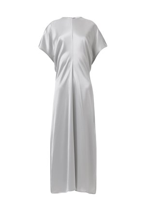 Light gray dress made of smooth fabric, featuring short sleeves, a round neckline, and a draped design with a center back seam.