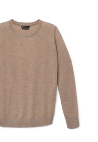 Maglione beige lavorato a maglia realizzato in materiale morbido, caratterizzato da un collo rotondo, maniche lunghe e orlo e polsini a costine. Texture liscia, design minimal.