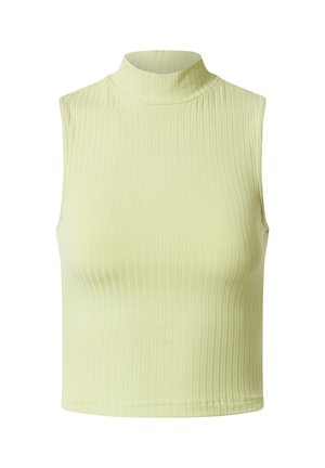 Hellgrünes ärmelloses Oberteil mit Stehkragen, geripptem Muster und kurzem Schnitt. Schlichtes Design, ohne sichtbare Muster oder Verzierungen.
