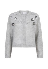 Grijze cardigan van zachte stof met bloemversieringen in zilver en wit. Het heeft een ronde hals en een knoopsluiting.