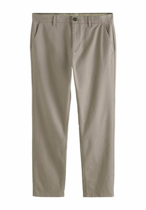 Beige cotton trousers with a straight cut, featuring side pockets, a zip fly, and a single button closure, smooth texture, and minimal stitching.