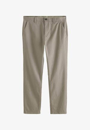 Beige cotton trousers with a straight cut, featuring side pockets, a zip fly, and a single button closure, smooth texture, and minimal stitching.