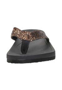 Black flip-flop featuring a textured sole and a dark, glittery strap for added sparkle. Designed for comfort and casual wear.