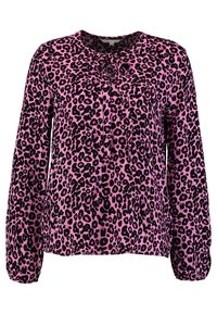 Blus med långa ärmar i rosa tyg med svart leopardmönster, med rund halsringning och rosett i fram.