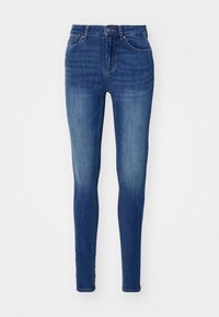 Blå denim skinny jeans med en glatt tekstur, fem-lommes design og knappelukking. Har falmende områder for et brukt utseende.