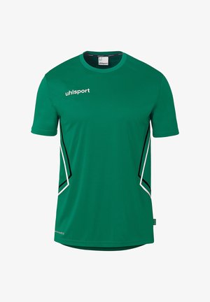 Grünes kurzärmeliges Sportshirt mit Rundhalsausschnitt, weißem "uhlsport"-Logo auf der Brust und schwarz-weißen schrägen Seitenstreifen.